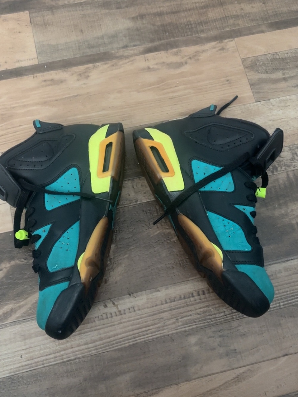 Jordan Men's Black and Teal Basketball Sneakers with Neon Yellow Accents